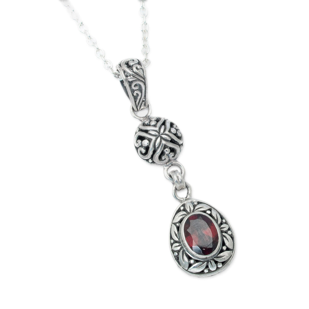Sterling Silver Garnet Pendant Necklace with Leaf Motifs - Red Summer