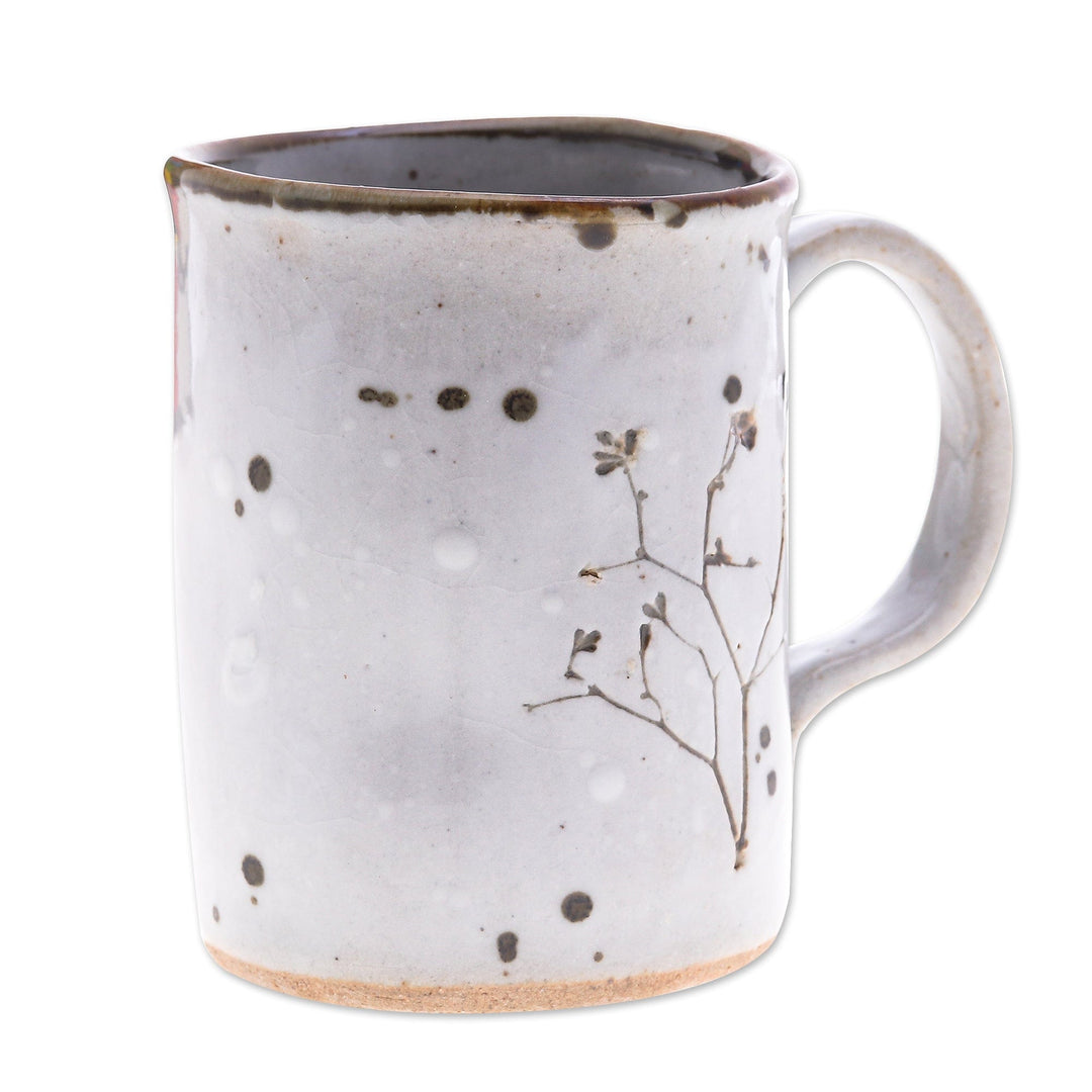 Handcrafted Leafy Brown and White Crackled Ceramic Mug - Natural Core