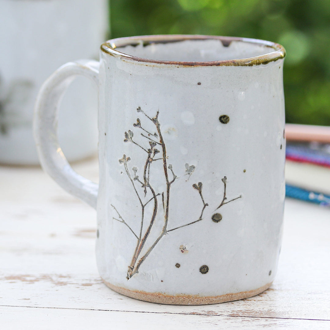 Handcrafted Leafy Brown and White Crackled Ceramic Mug - Natural Core