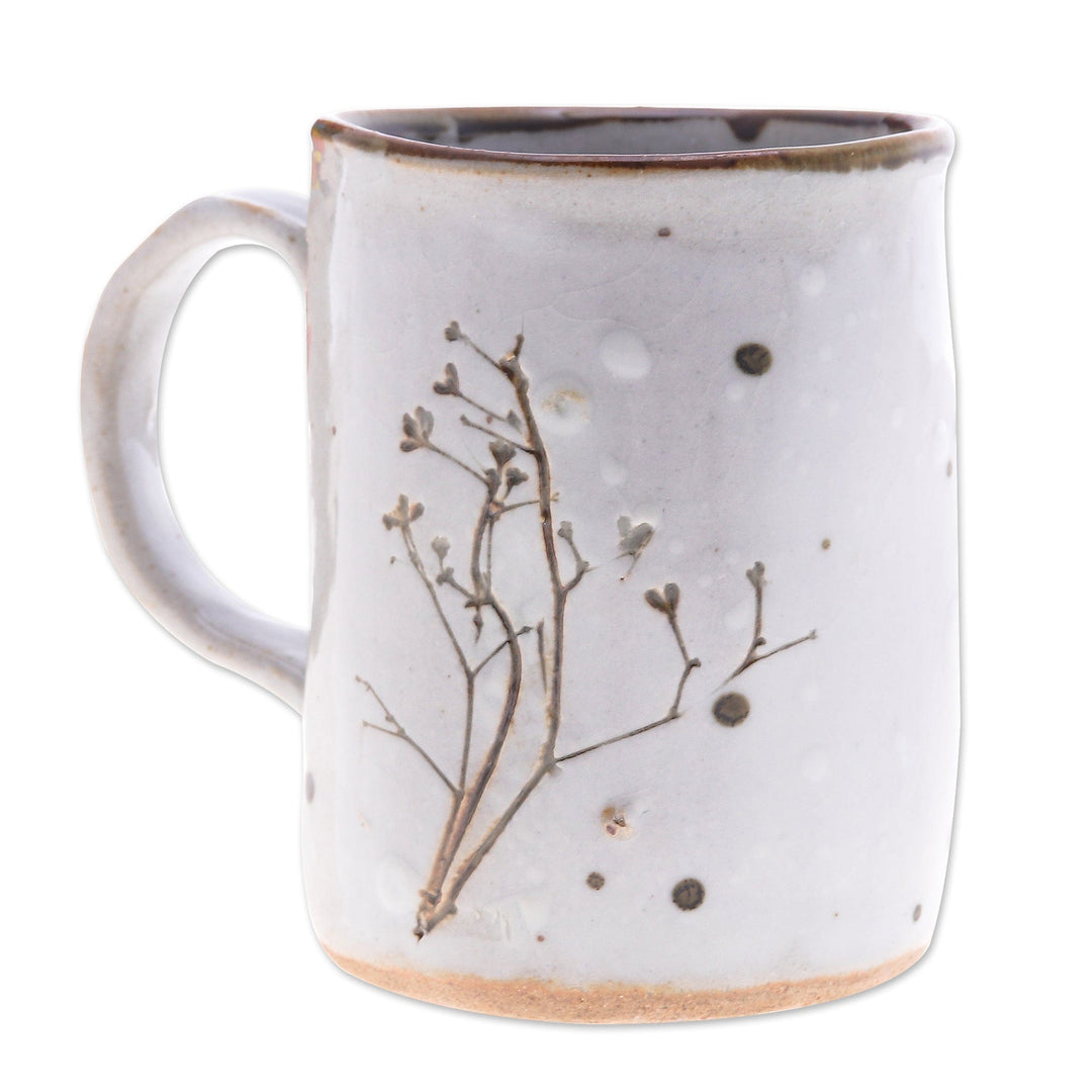 Handcrafted Leafy Brown and White Crackled Ceramic Mug - Natural Core