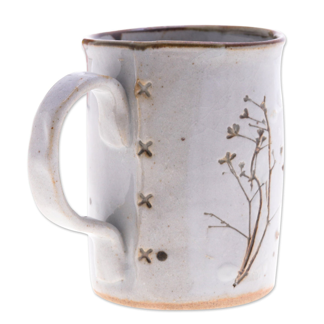 Handcrafted Leafy Brown and White Crackled Ceramic Mug - Natural Core