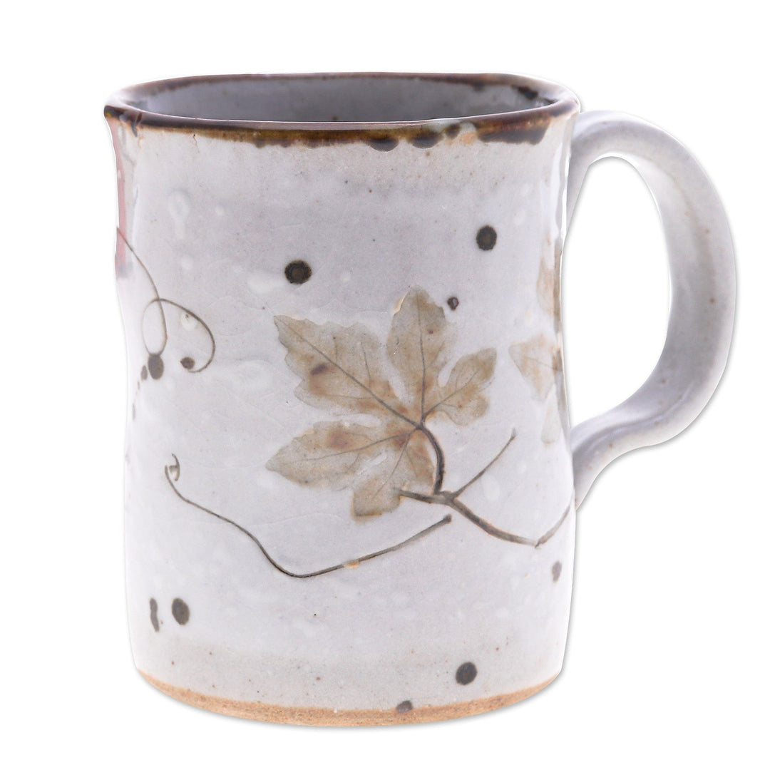 Handcrafted Floral Brown and Cream Crackled Ceramic Mug - Thai Ivy