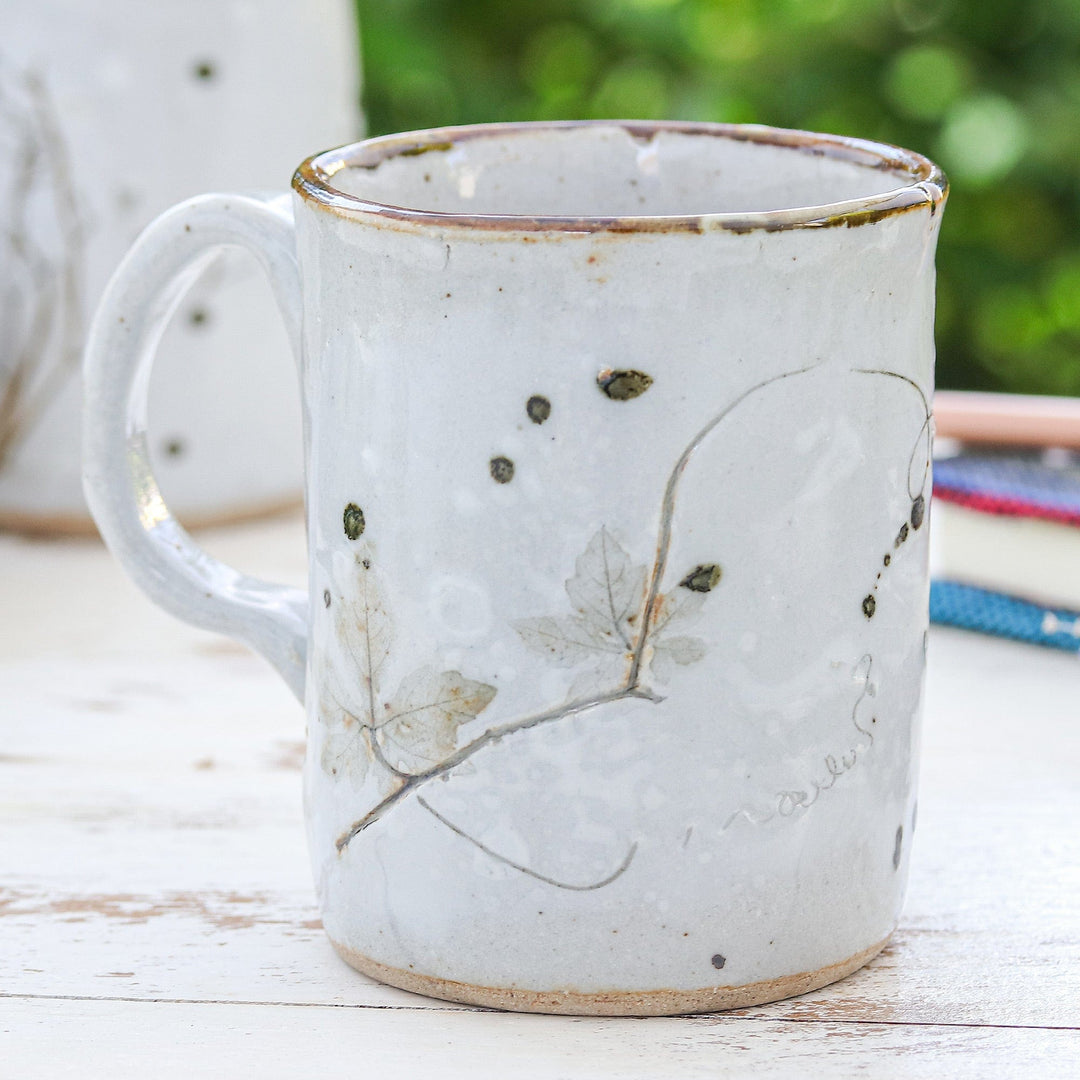 Handcrafted Floral Brown and Cream Crackled Ceramic Mug - Thai Ivy