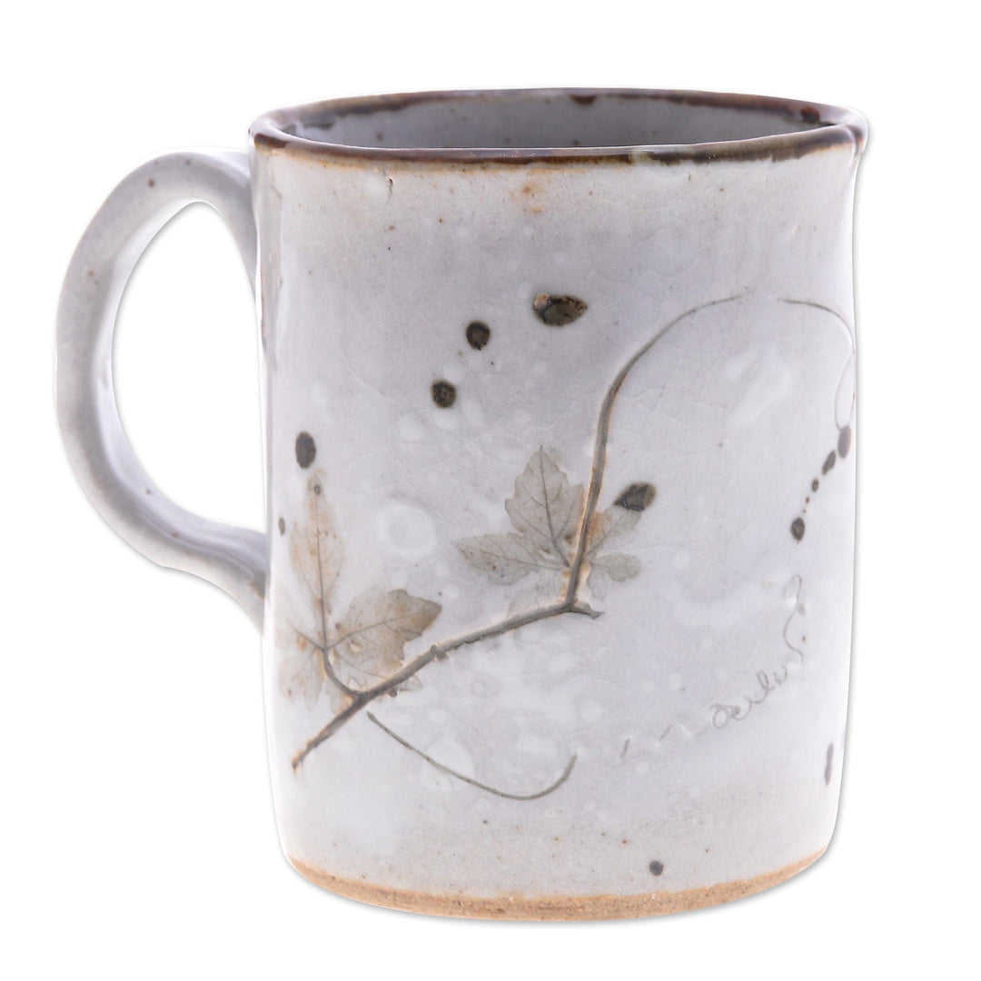 Handcrafted Floral Brown and Cream Crackled Ceramic Mug - Thai Ivy