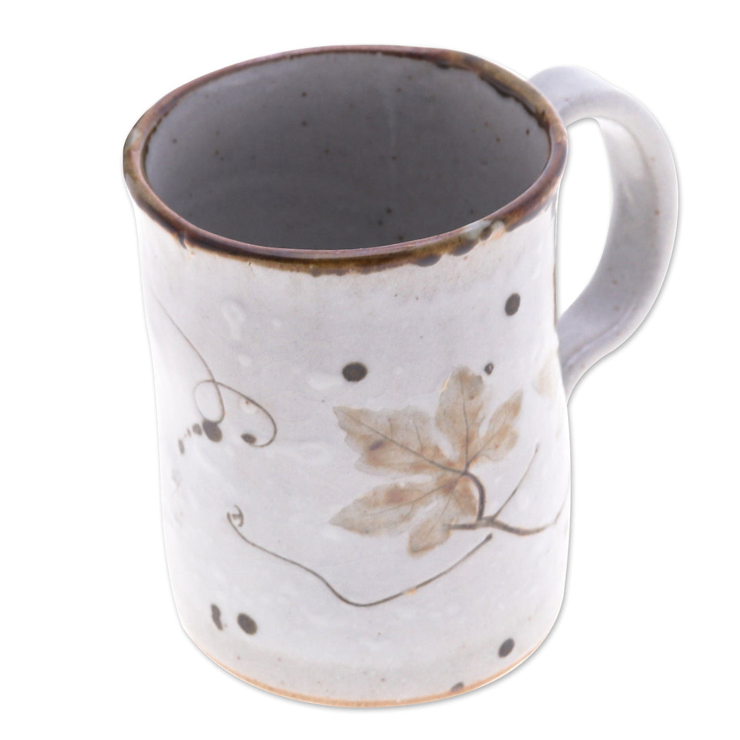 Handcrafted Floral Brown and Cream Crackled Ceramic Mug - Thai Ivy