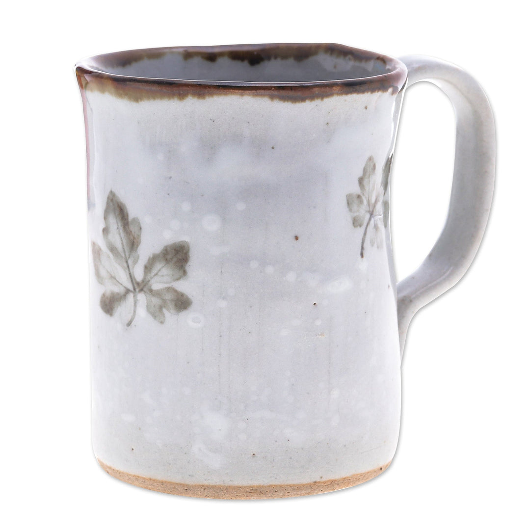 Handcrafted Leafy Brown and Grey Crackled Ceramic Mug - Thai Leaves