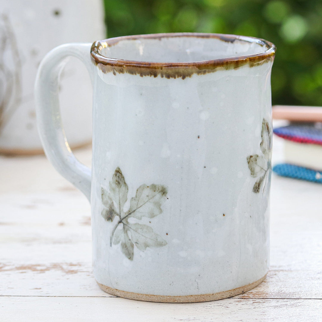 Handcrafted Leafy Brown and Grey Crackled Ceramic Mug - Thai Leaves