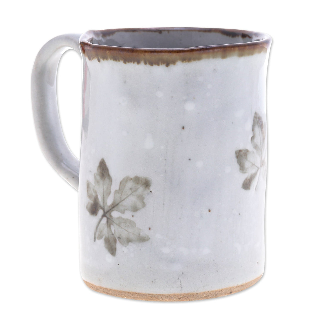 Handcrafted Leafy Brown and Grey Crackled Ceramic Mug - Thai Leaves