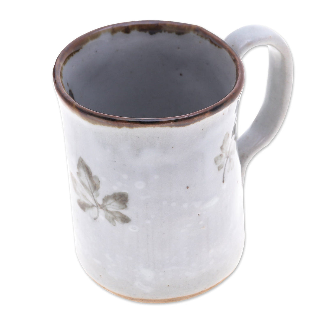 Handcrafted Leafy Brown and Grey Crackled Ceramic Mug - Thai Leaves
