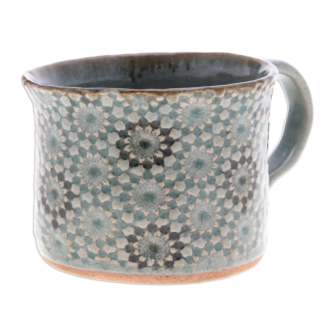 Crackled Finished Floral Turquoise Ceramic Cup from Thailand - Floral Burst