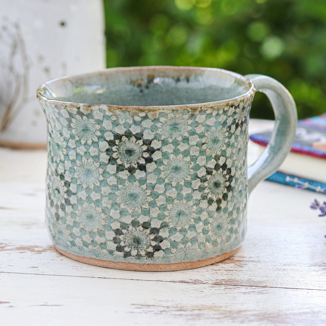 Crackled Finished Floral Turquoise Ceramic Cup from Thailand - Floral Burst