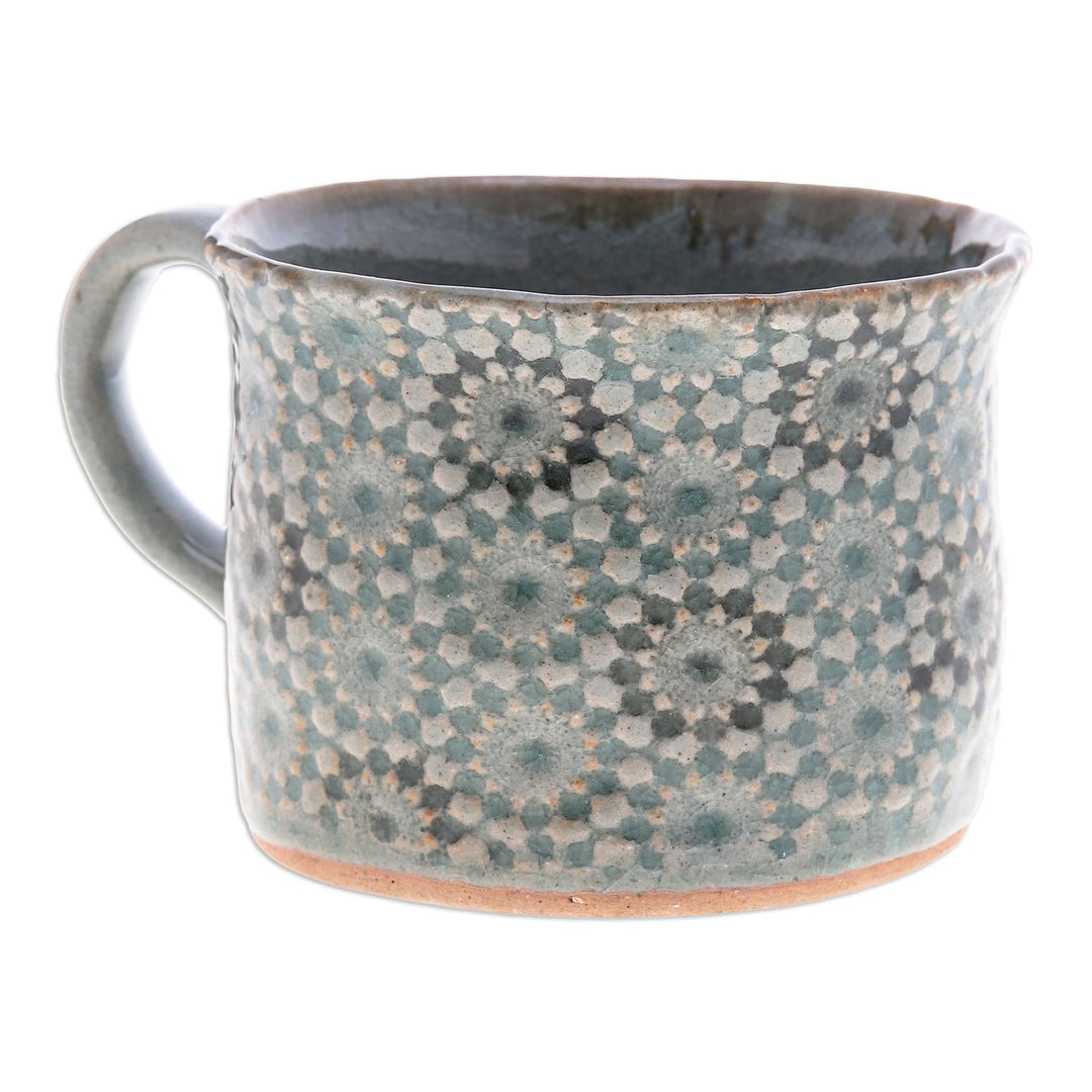 Crackled Finished Floral Turquoise Ceramic Cup from Thailand - Floral Burst