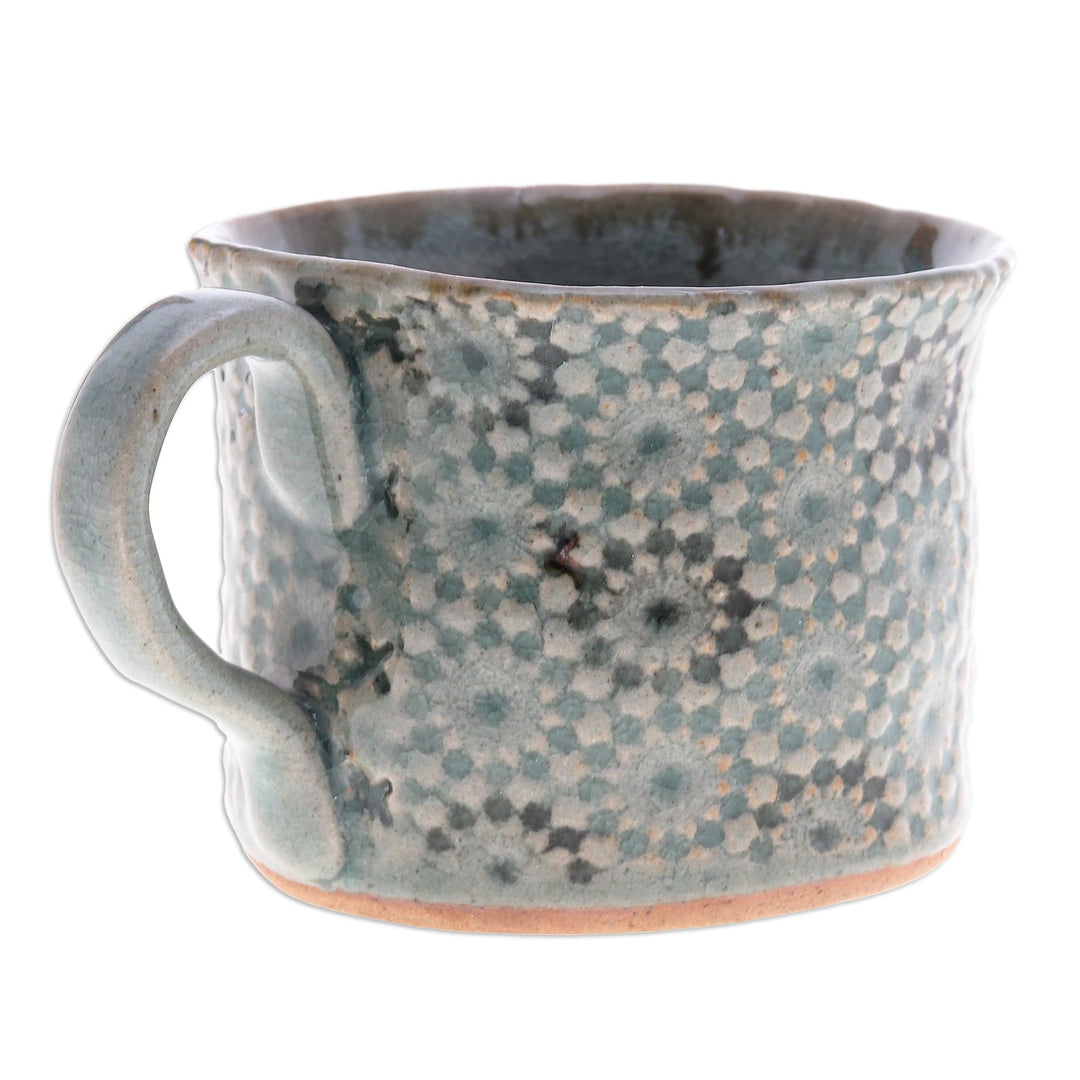 Crackled Finished Floral Turquoise Ceramic Cup from Thailand - Floral Burst