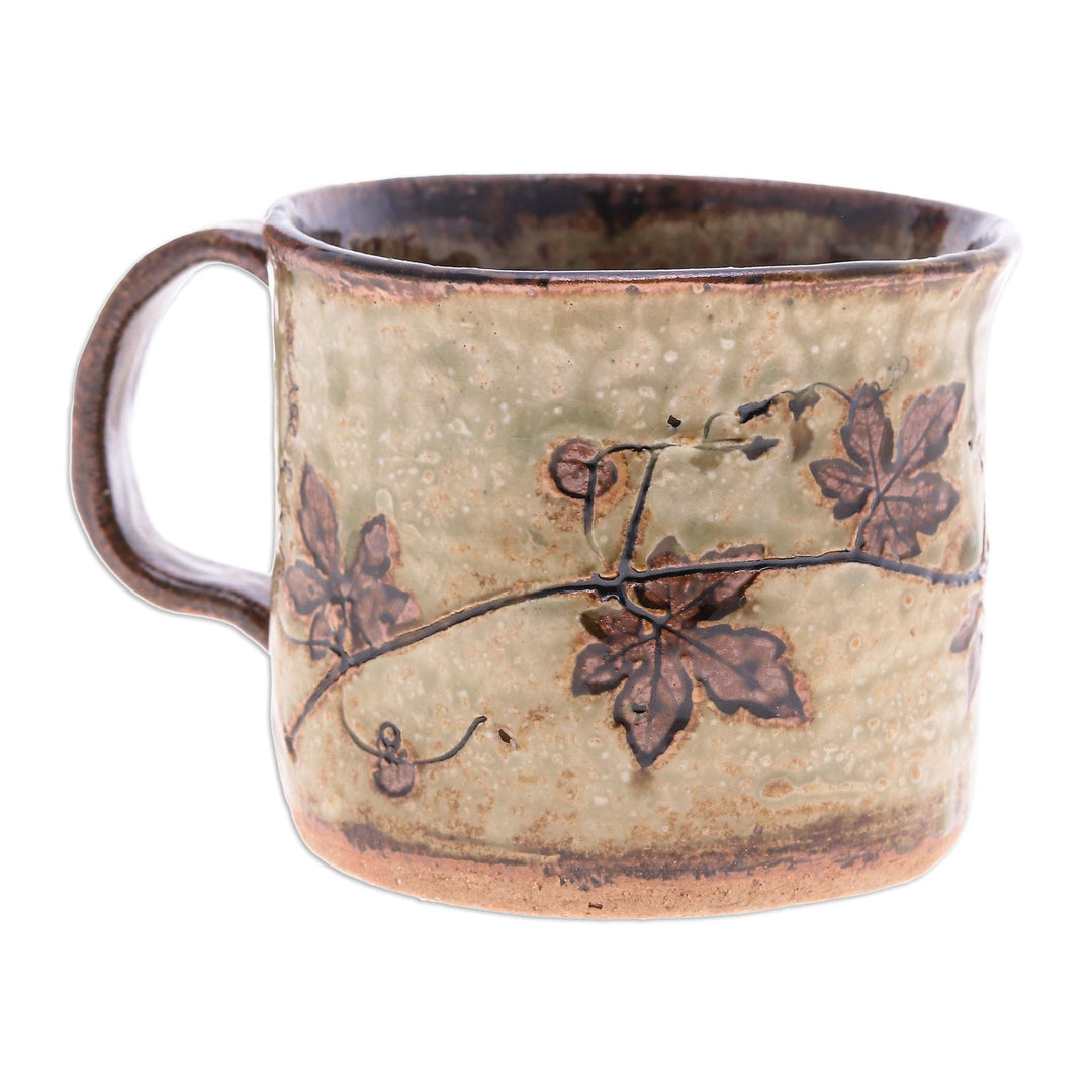Crackled Finished Leafy Brown Ceramic Cup from Thailand - Thai Eden in Brown