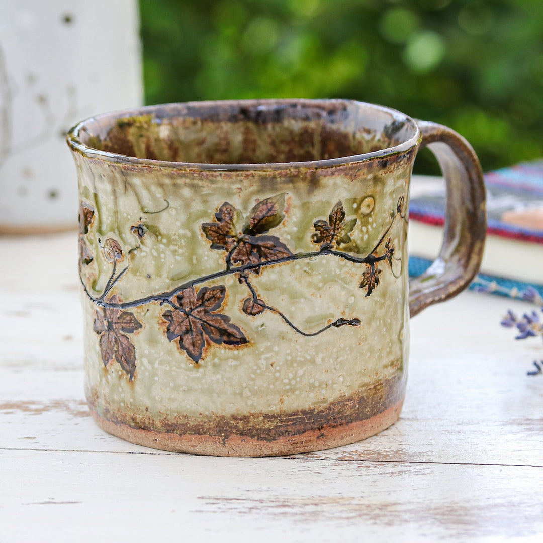 Crackled Finished Leafy Brown Ceramic Cup from Thailand - Thai Eden in Brown