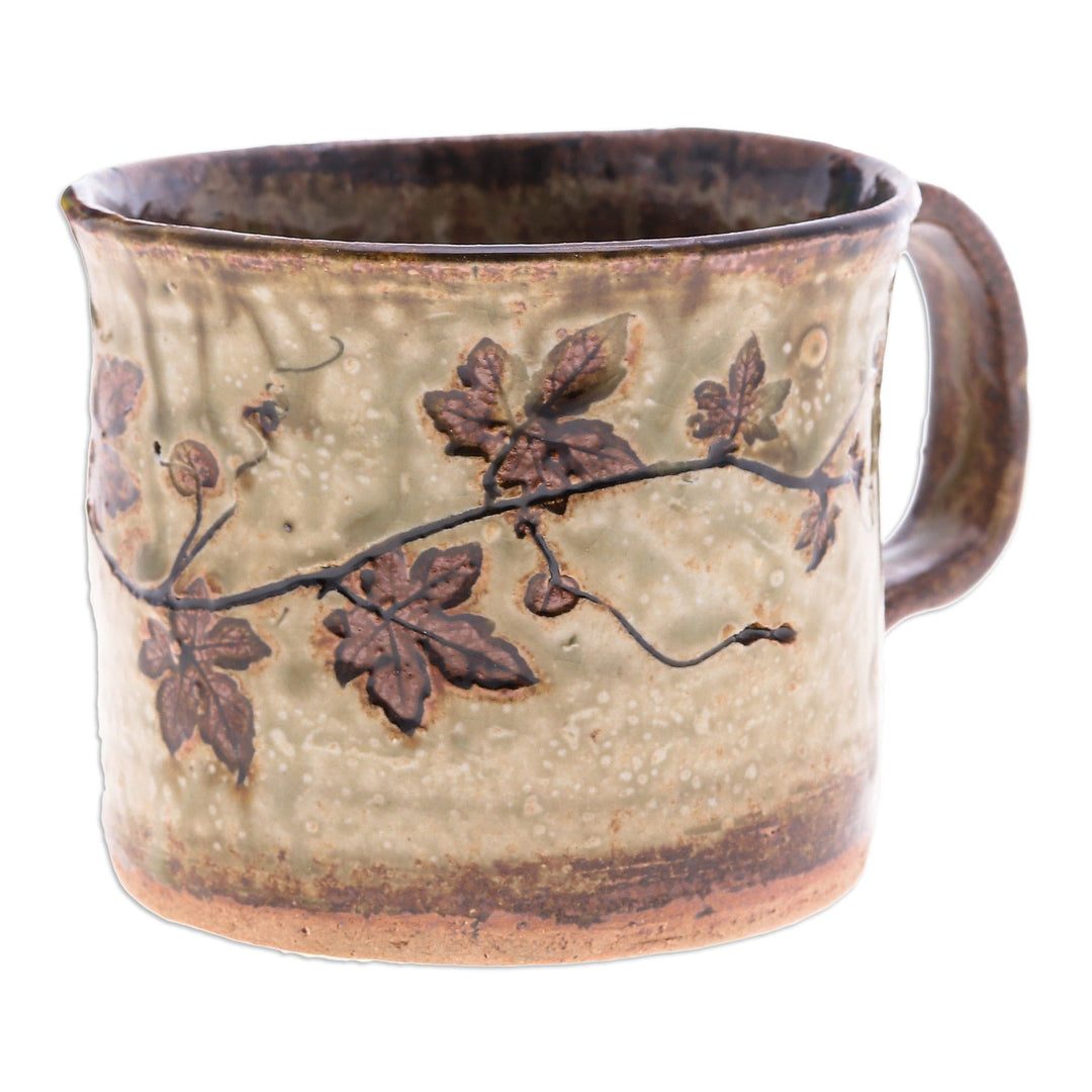 Crackled Finished Leafy Brown Ceramic Cup from Thailand - Thai Eden in Brown