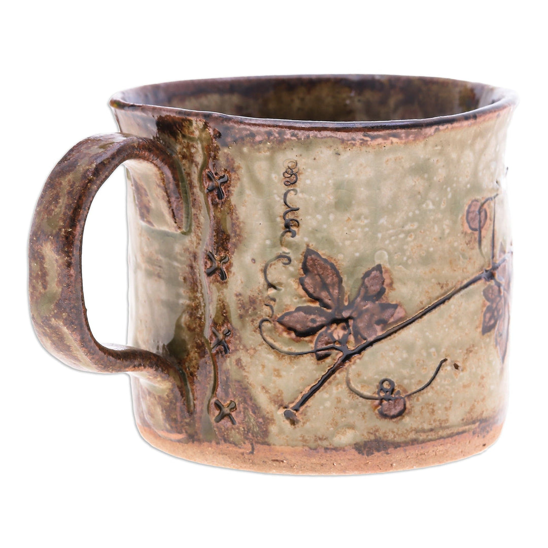 Crackled Finished Leafy Brown Ceramic Cup from Thailand - Thai Eden in Brown