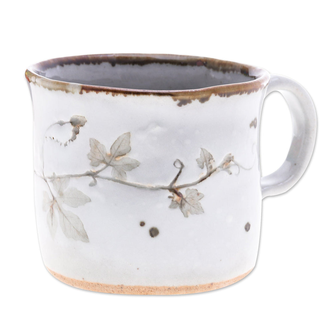 Crackled Finished Leafy White Ceramic Cup from Thailand - Thai Eden in White