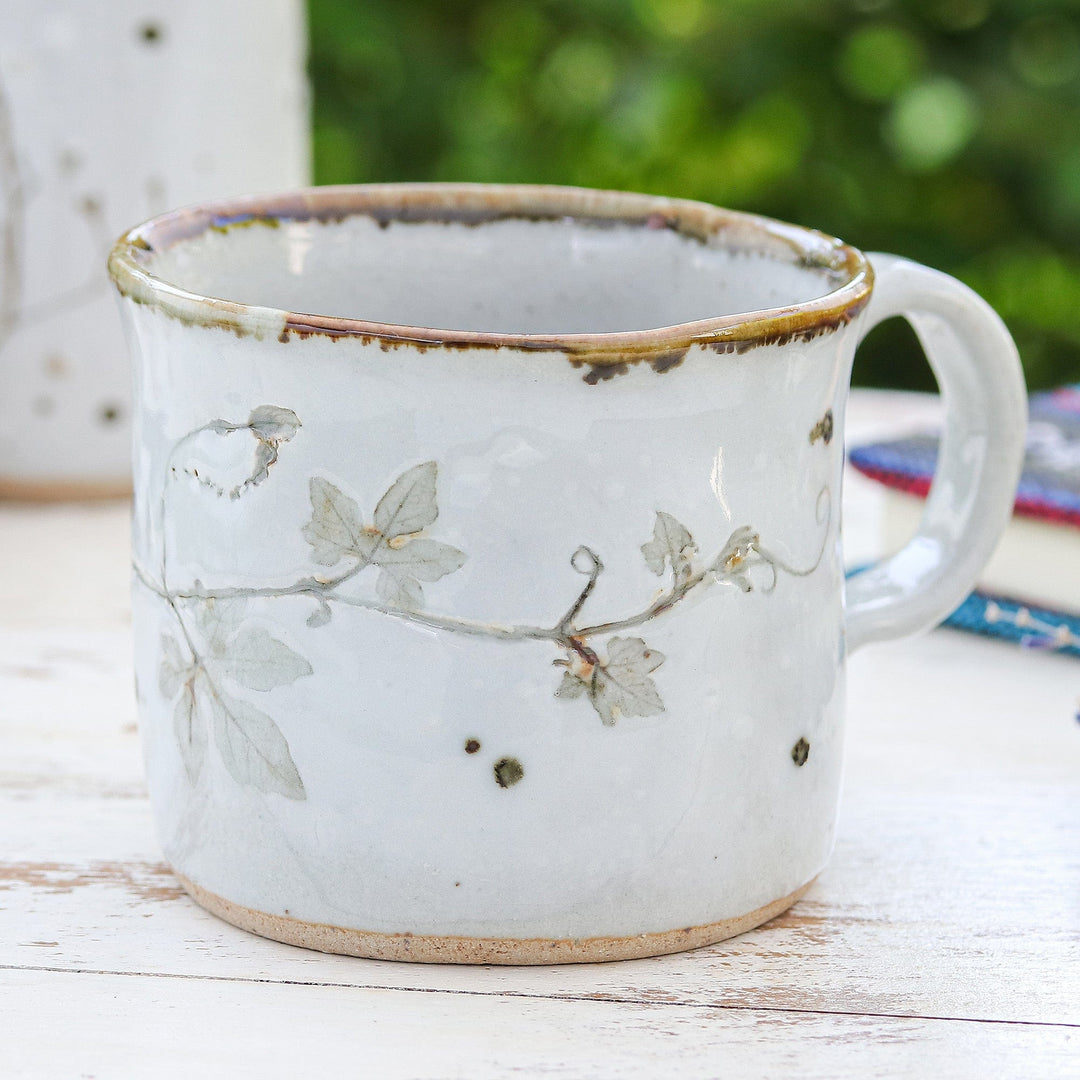Crackled Finished Leafy White Ceramic Cup from Thailand - Thai Eden in White