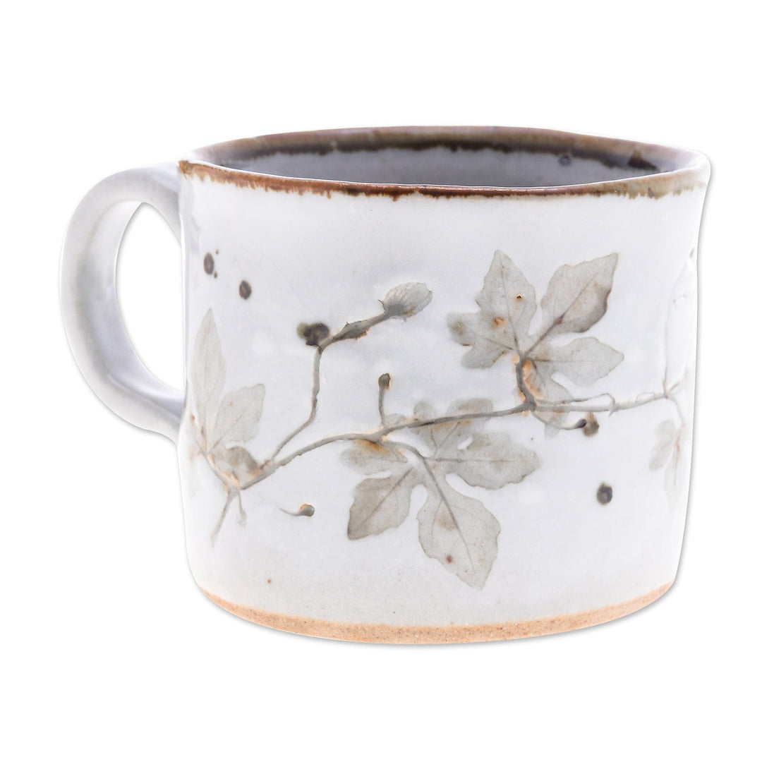 Crackled Finished Leafy White Ceramic Cup from Thailand - Thai Eden in White