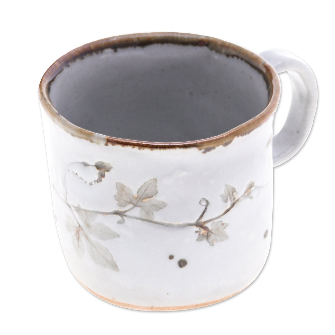 Crackled Finished Leafy White Ceramic Cup from Thailand - Thai Eden in White