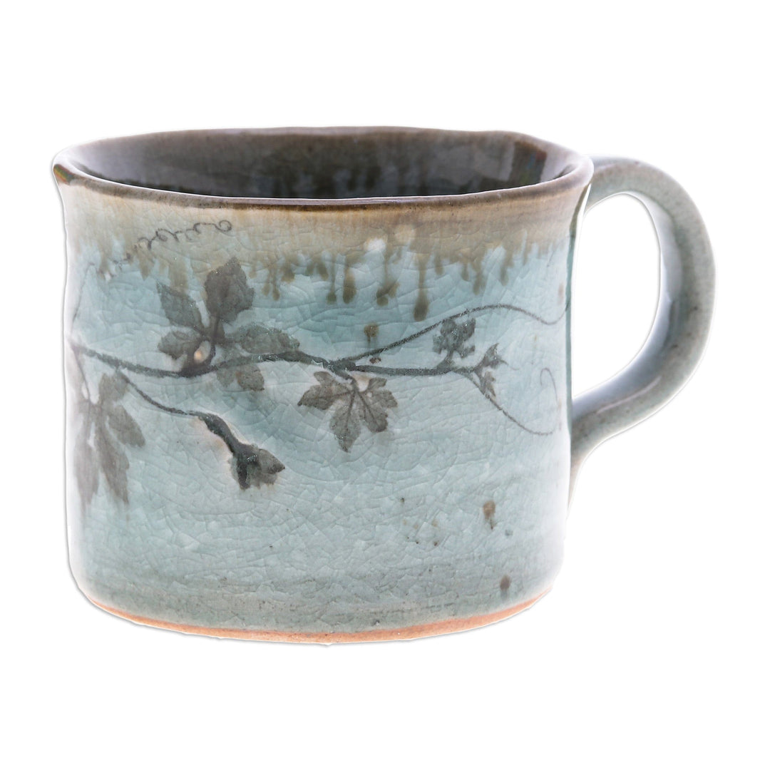 Crackled Finished Leafy Blue and Green Ceramic Cup - Thai Eden in Blue
