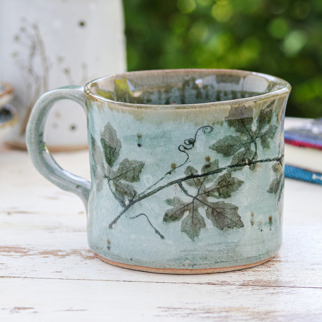 Crackled Finished Leafy Blue and Green Ceramic Cup - Thai Eden in Blue