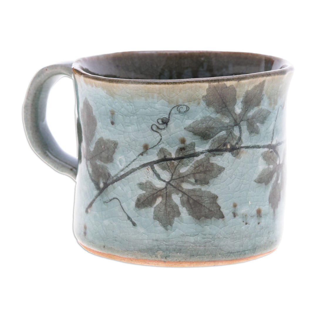 Crackled Finished Leafy Blue and Green Ceramic Cup - Thai Eden in Blue