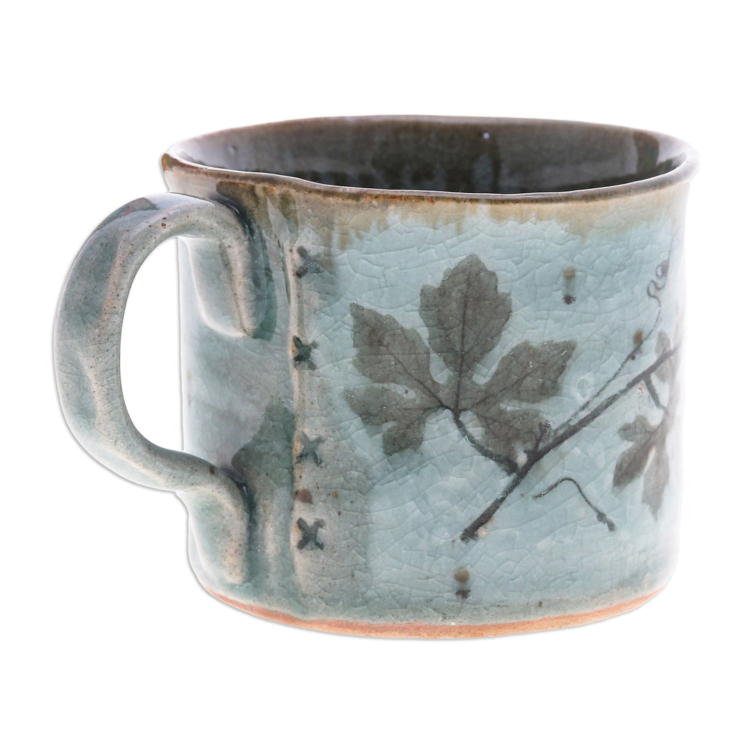 Crackled Finished Leafy Blue and Green Ceramic Cup - Thai Eden in Blue