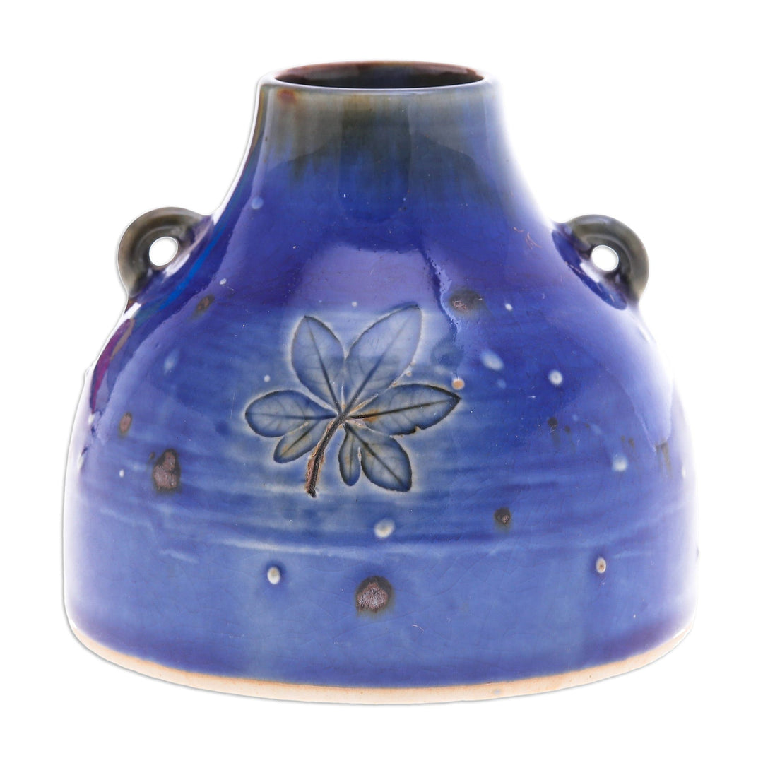 Handmade Nature-Inspired Blue Ceramic Vase with Leafy Motifs - Blue Mother Nature