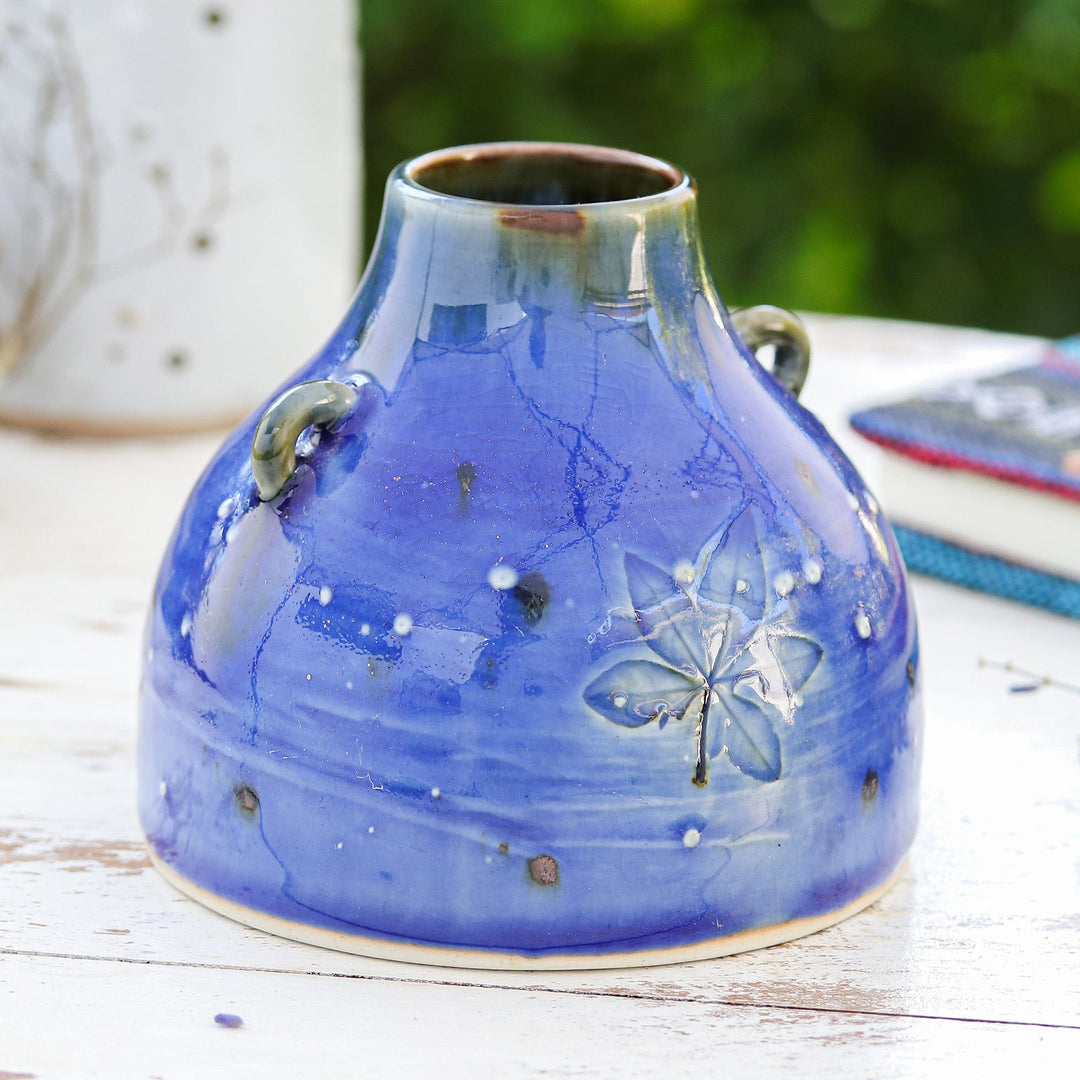 Handmade Nature-Inspired Blue Ceramic Vase with Leafy Motifs - Blue Mother Nature