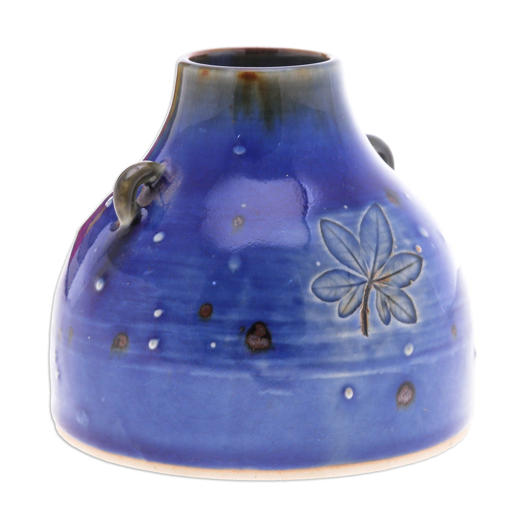 Handmade Nature-Inspired Blue Ceramic Vase with Leafy Motifs - Blue Mother Nature