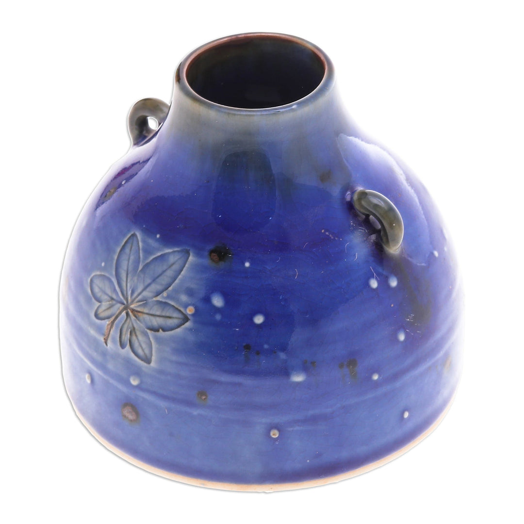Handmade Nature-Inspired Blue Ceramic Vase with Leafy Motifs - Blue Mother Nature