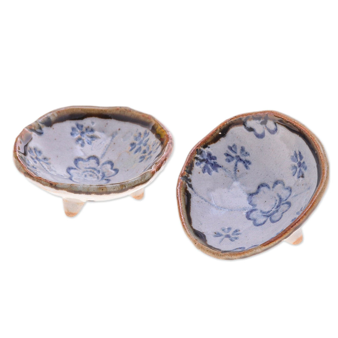 Pair of Handcrafted Floral Ceramic Bowls in Blue and White - Zen Floral Delights