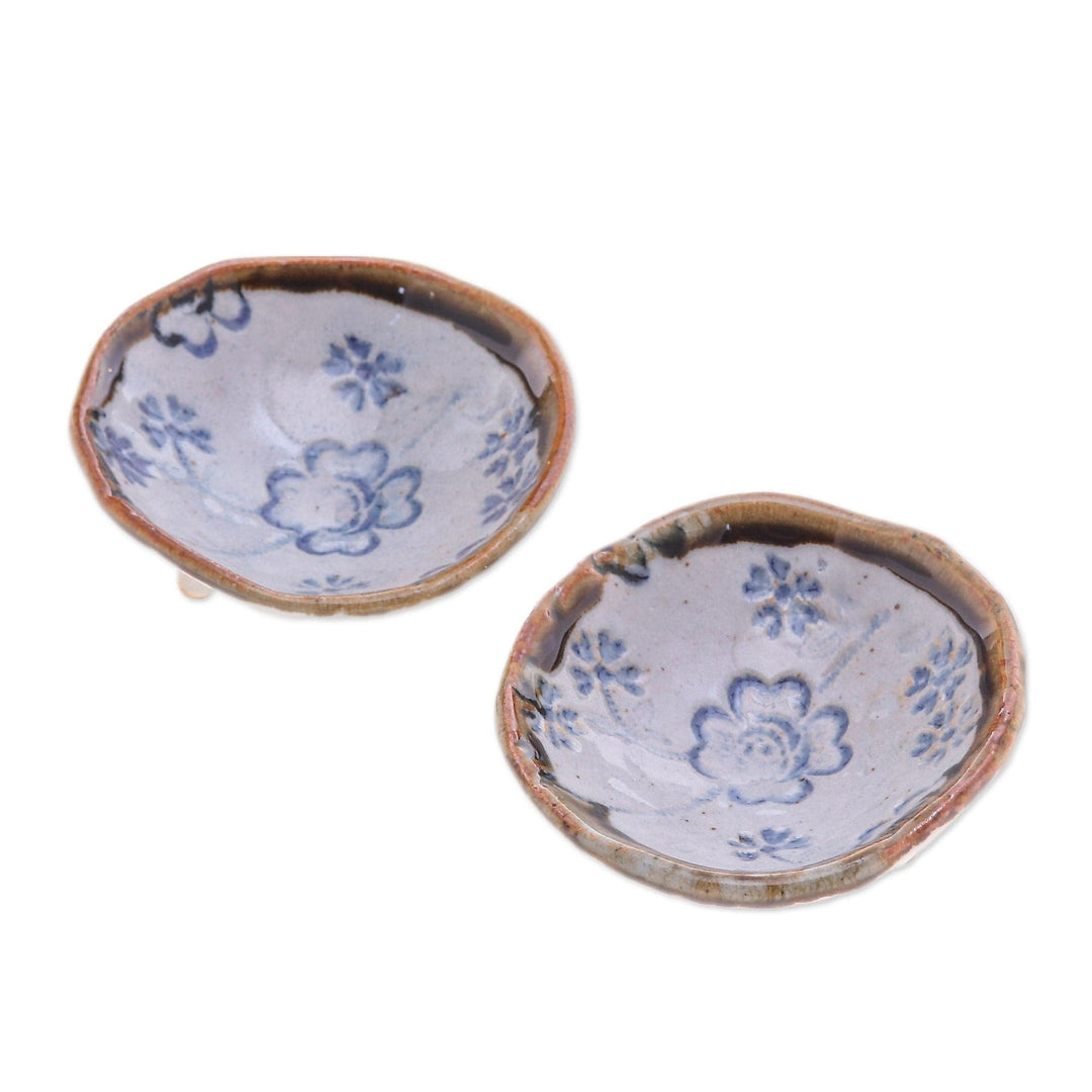 Pair of Handcrafted Floral Ceramic Bowls in Blue and White - Zen Floral Delights