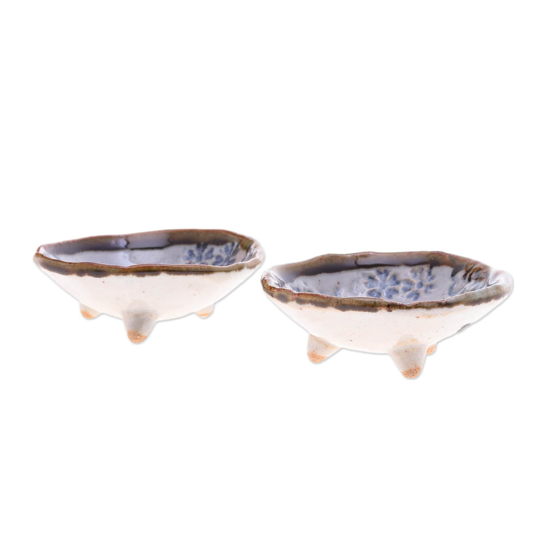 Pair of Handcrafted Floral Ceramic Bowls in Blue and White - Zen Floral Delights