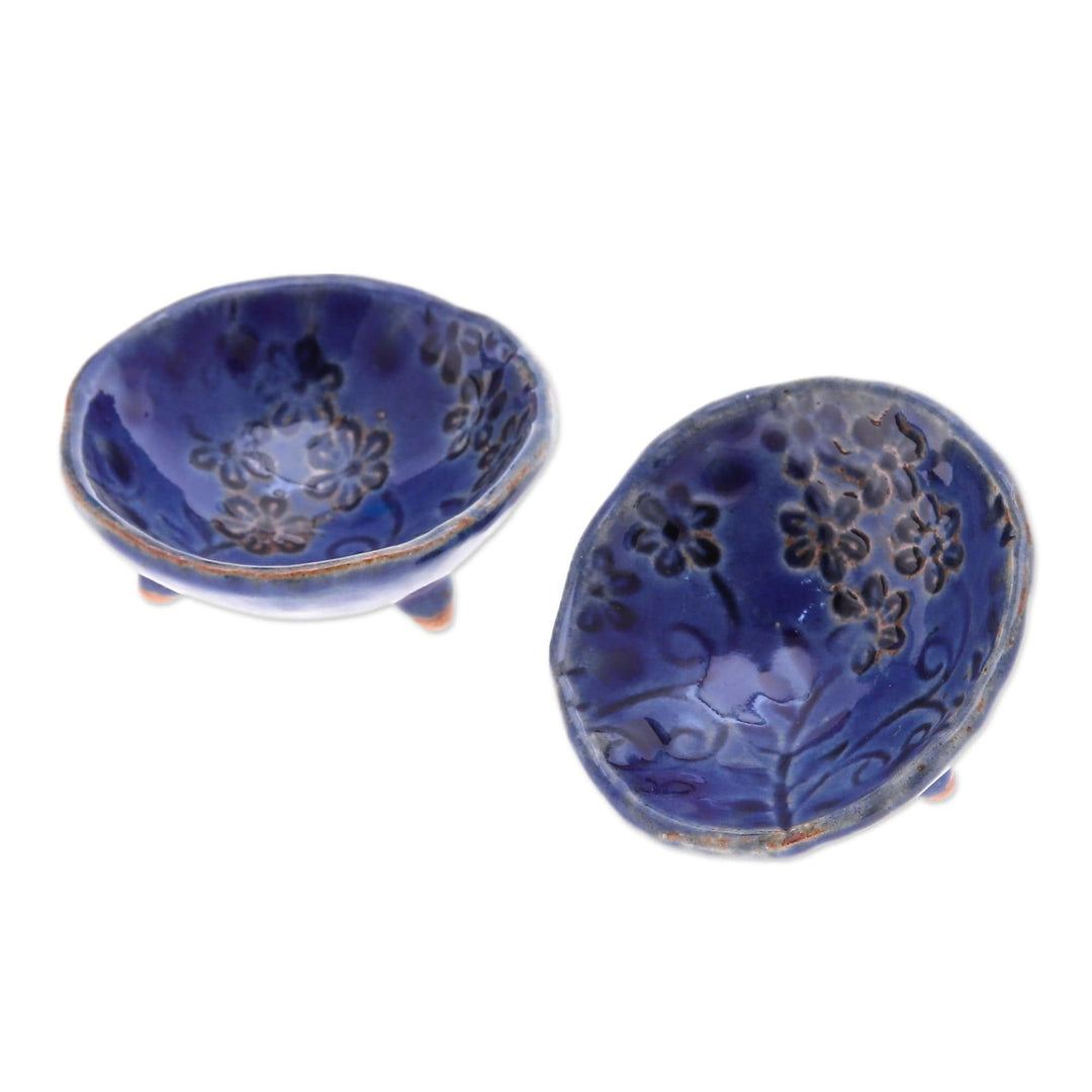 Pair of Handcrafted Floral Ceramic Bowls in Blue Hues - Zen Blue Delights