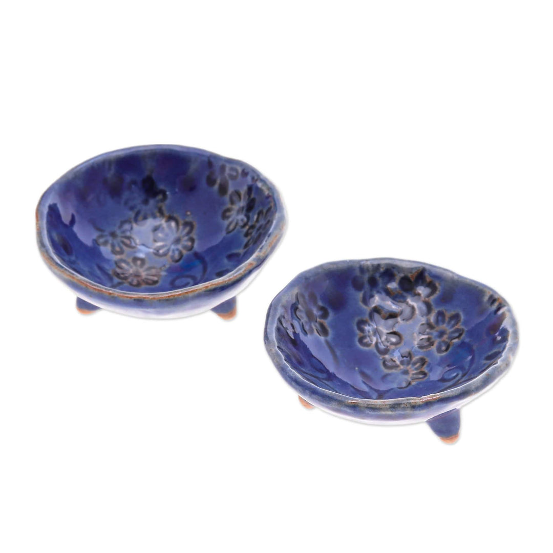 Pair of Handcrafted Floral Ceramic Bowls in Blue Hues - Zen Blue Delights