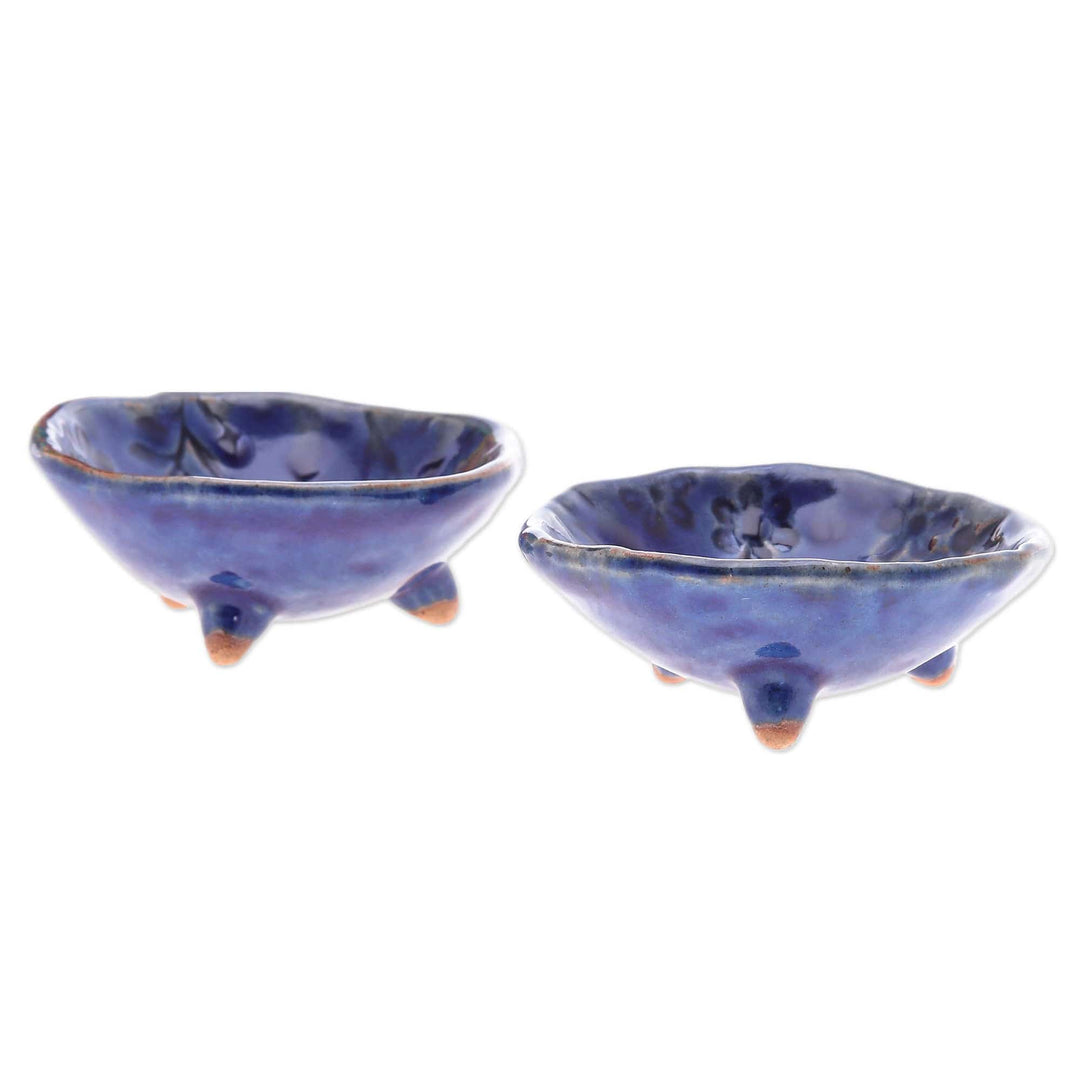 Pair of Handcrafted Floral Ceramic Bowls in Blue Hues - Zen Blue Delights