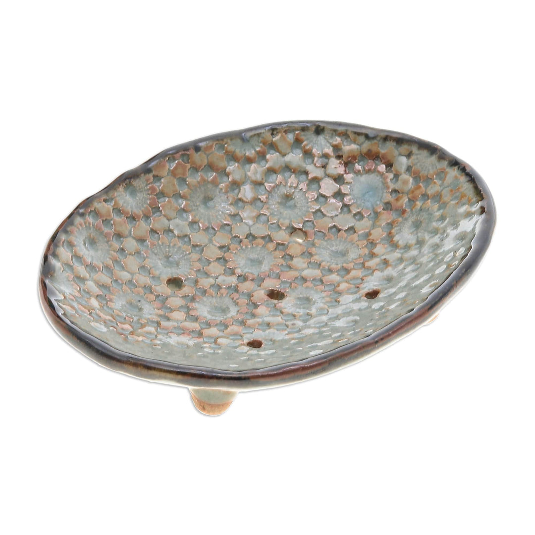Floral Green and Brown Ceramic Soap Dish from Thailand - Delicated Spring