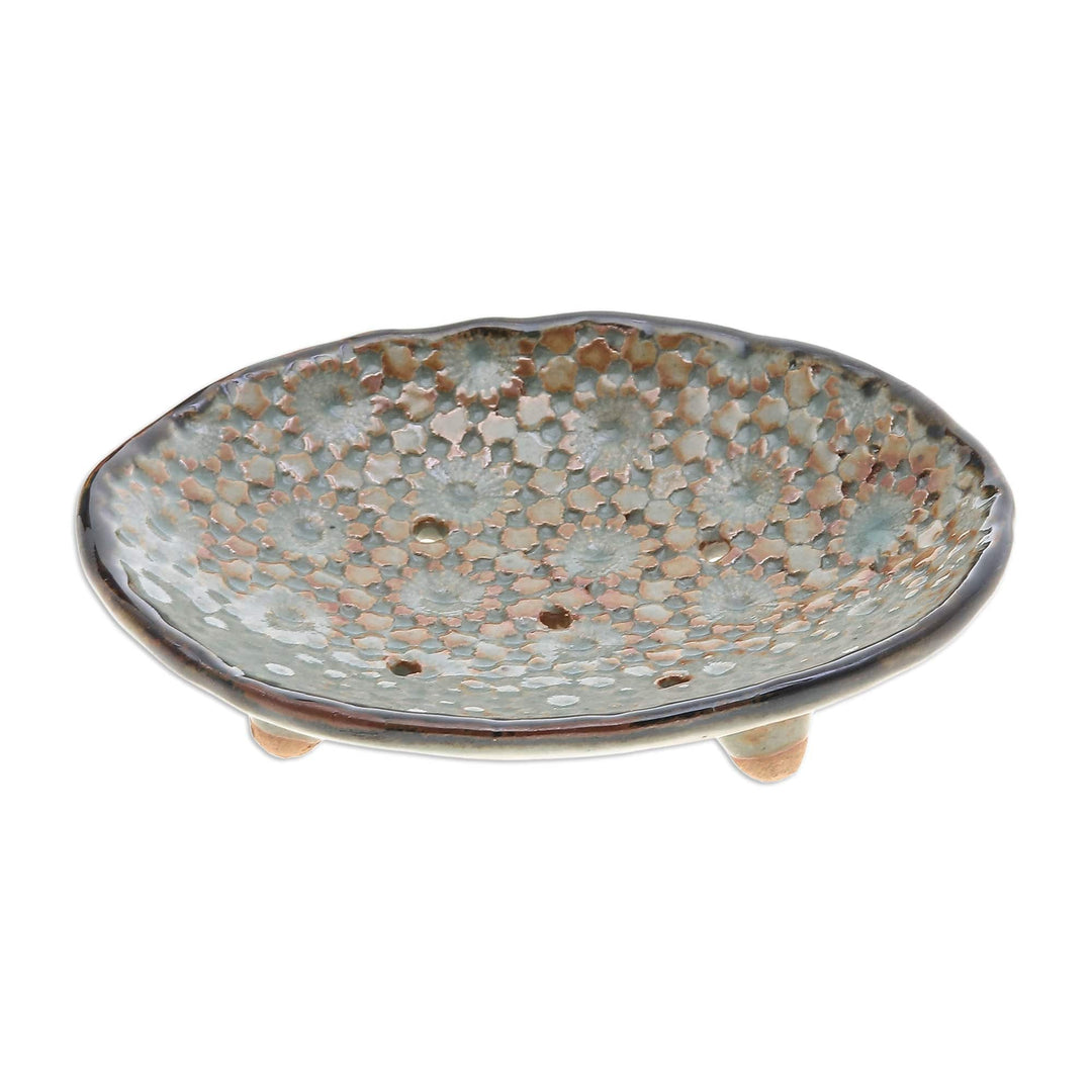 Floral Green and Brown Ceramic Soap Dish from Thailand - Delicated Spring