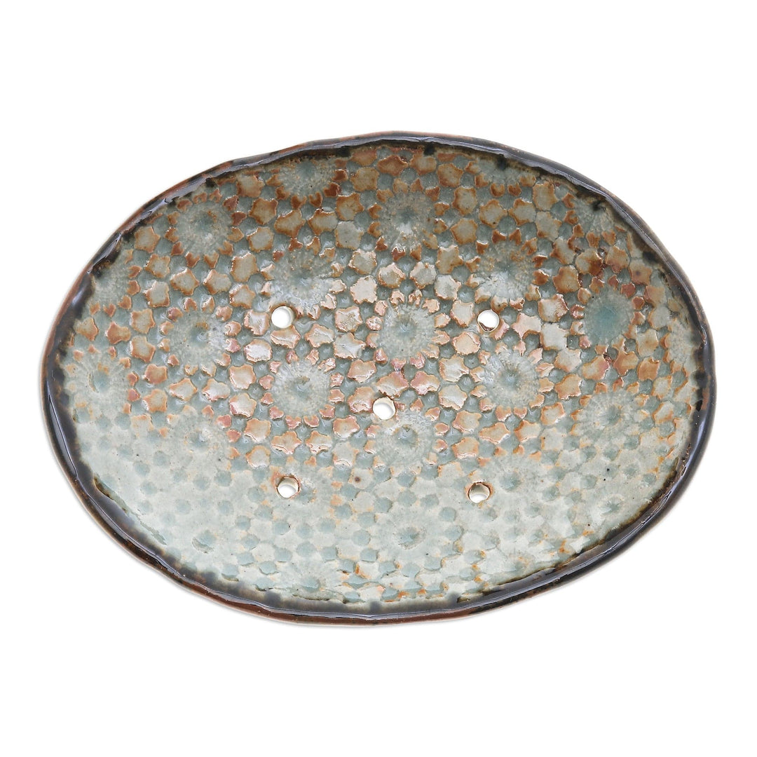 Floral Green and Brown Ceramic Soap Dish from Thailand - Delicated Spring