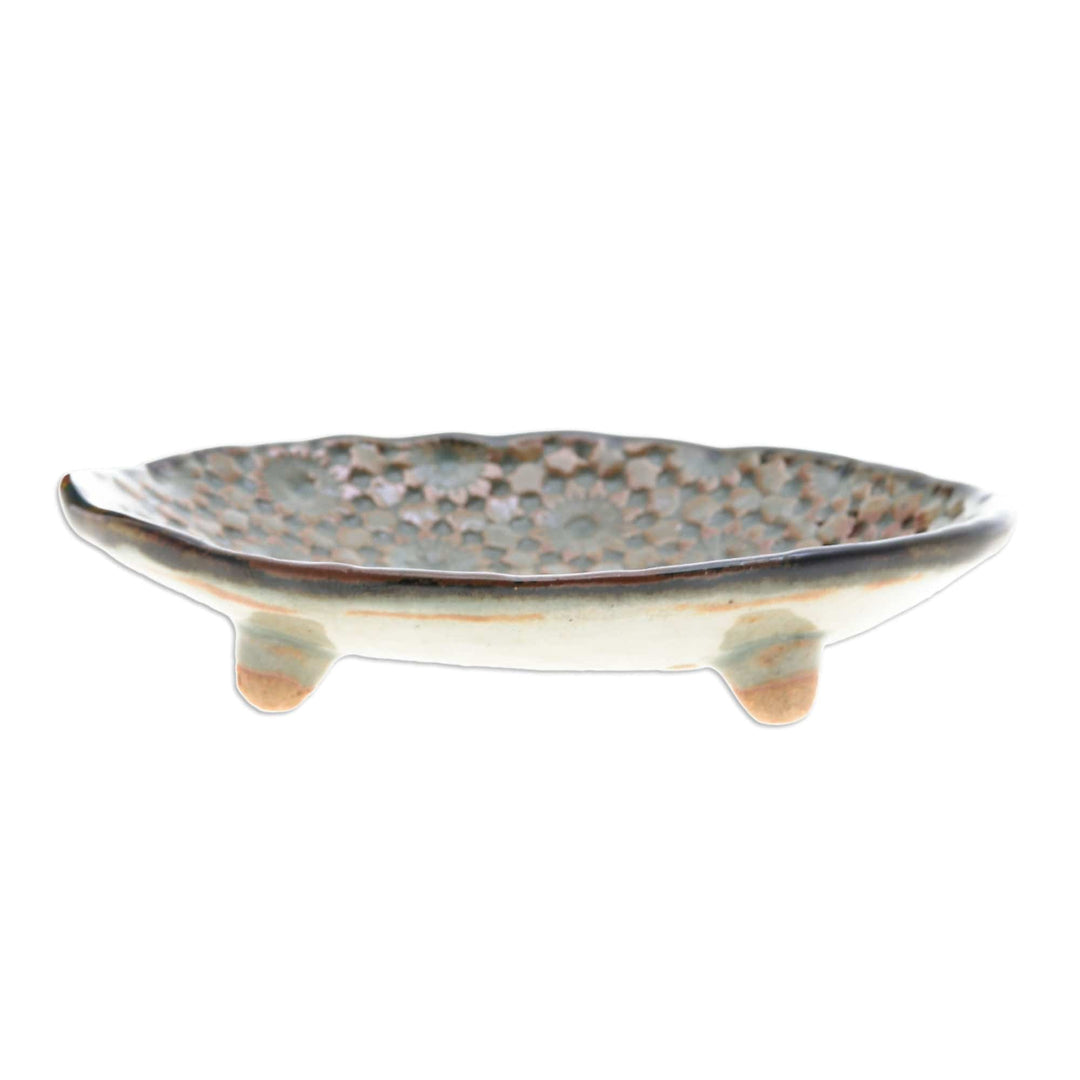 Floral Green and Brown Ceramic Soap Dish from Thailand - Delicated Spring