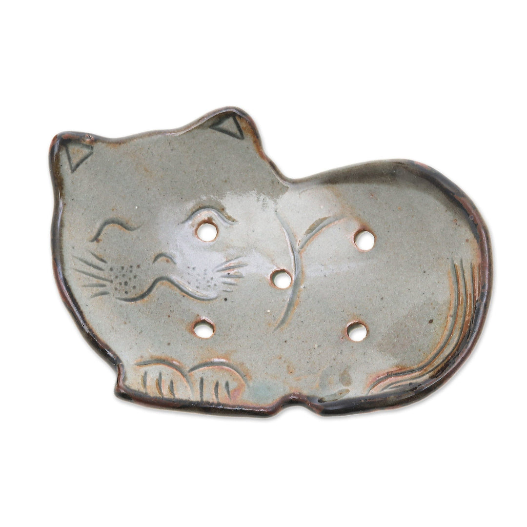 Feline-Shaped Glazed Ceramic Soap Dish Made in Thailand - Happy Feline