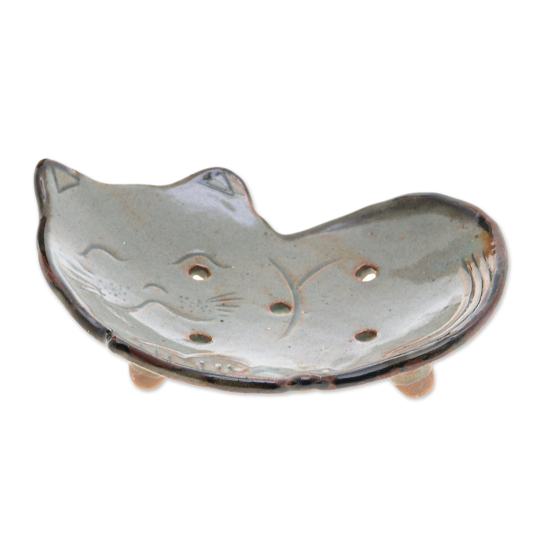 Feline-Shaped Glazed Ceramic Soap Dish Made in Thailand - Happy Feline