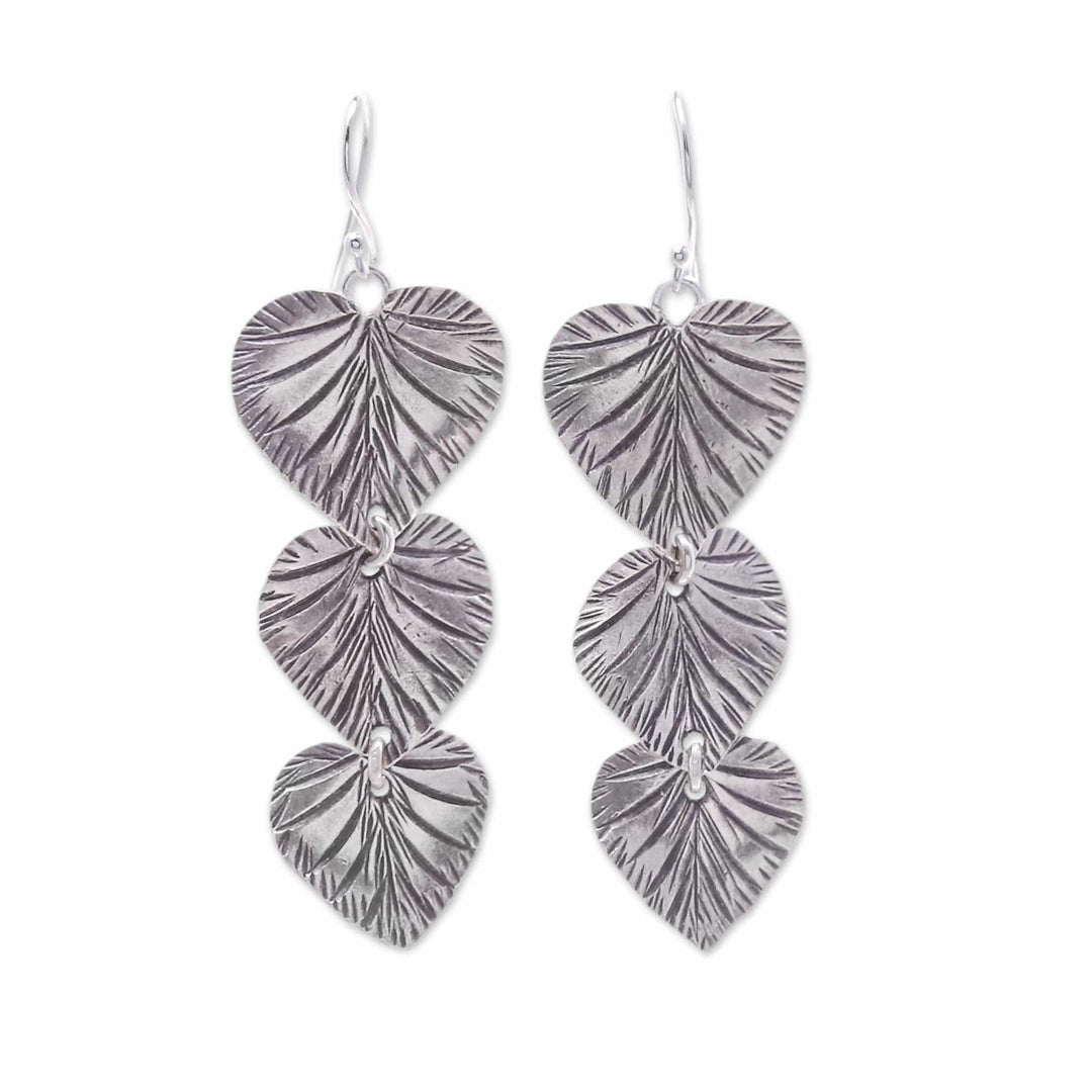 Oxidized Heart-Shaped Leafy Silver Dangle Earrings - Romantic Foliage