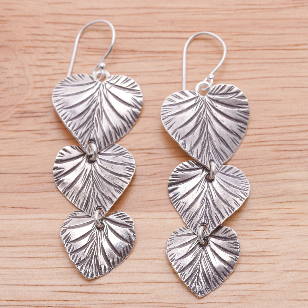 Oxidized Heart-Shaped Leafy Silver Dangle Earrings - Romantic Foliage