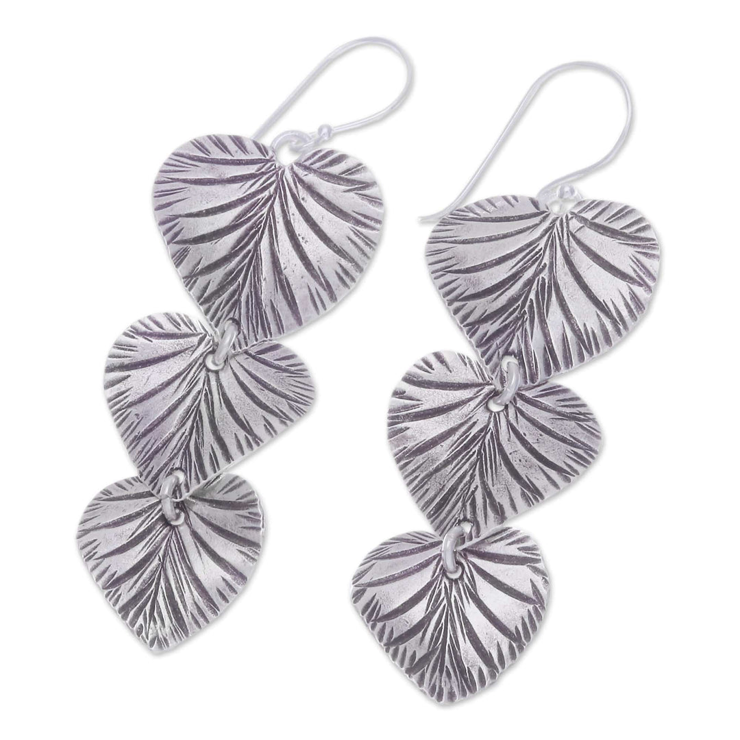 Oxidized Heart-Shaped Leafy Silver Dangle Earrings - Romantic Foliage