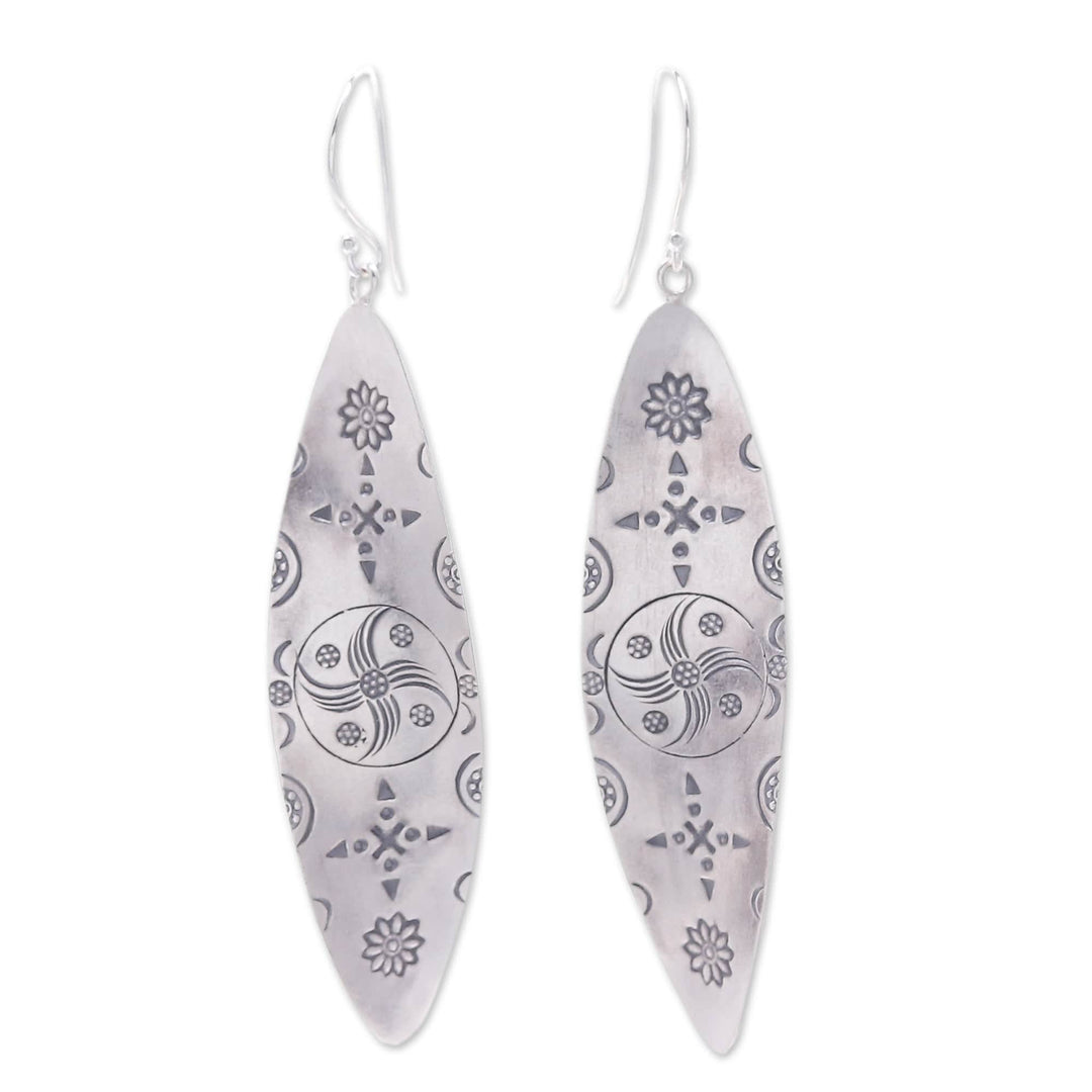 Folk Art Leaf-Shaped Hill Tribe Silver Dangle Earrings - Divine Leaves