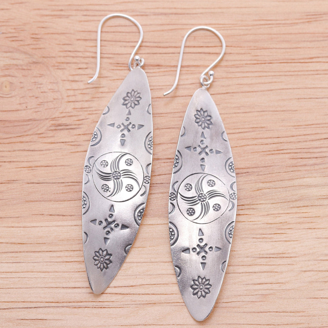 Folk Art Leaf-Shaped Hill Tribe Silver Dangle Earrings - Divine Leaves